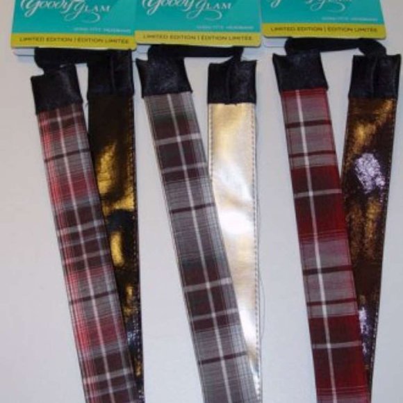 3 Goody Glam Wide Reversible Shiny Silver Pleather Plaid School Girl Headbands - Picture 2 of 9